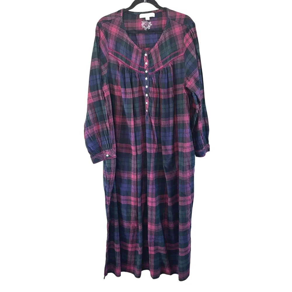 Eileen West Plaid Cotton Flannel Ballet Nightgown XL Velvet Trim Sleepwear